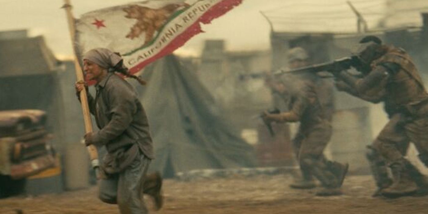 A flag bearer charges with the NCR flag in Fallout (2024)