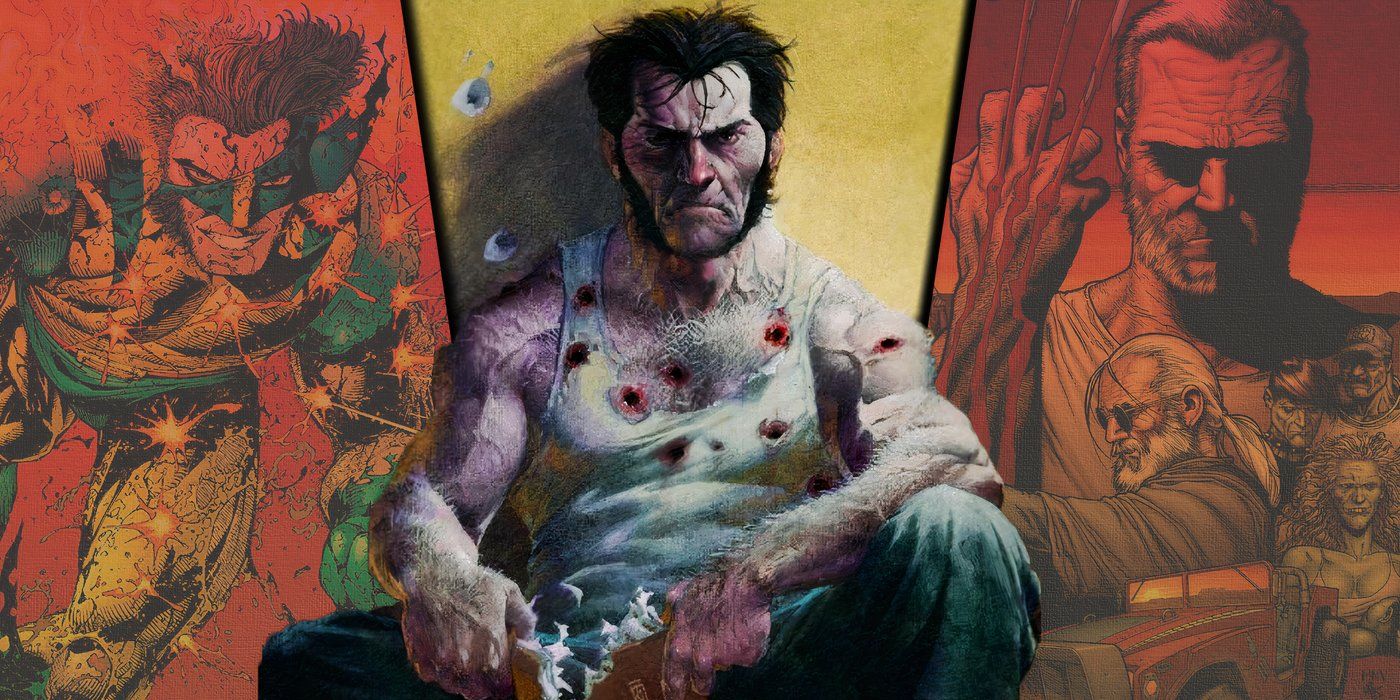 Wolverine split image with Old Man Logan and covers from the 200s comics