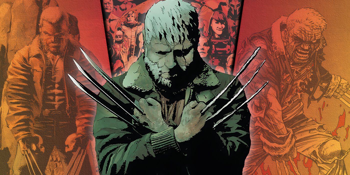 Old Man Logan showing his claws with different eras of the comic character in the background