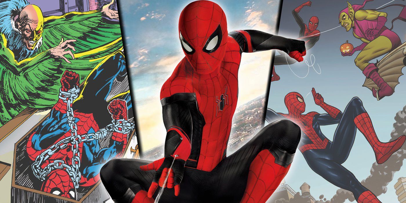 MCU Spider-Man swinging with comic covers featuring Vulture and Green Goblin in the background