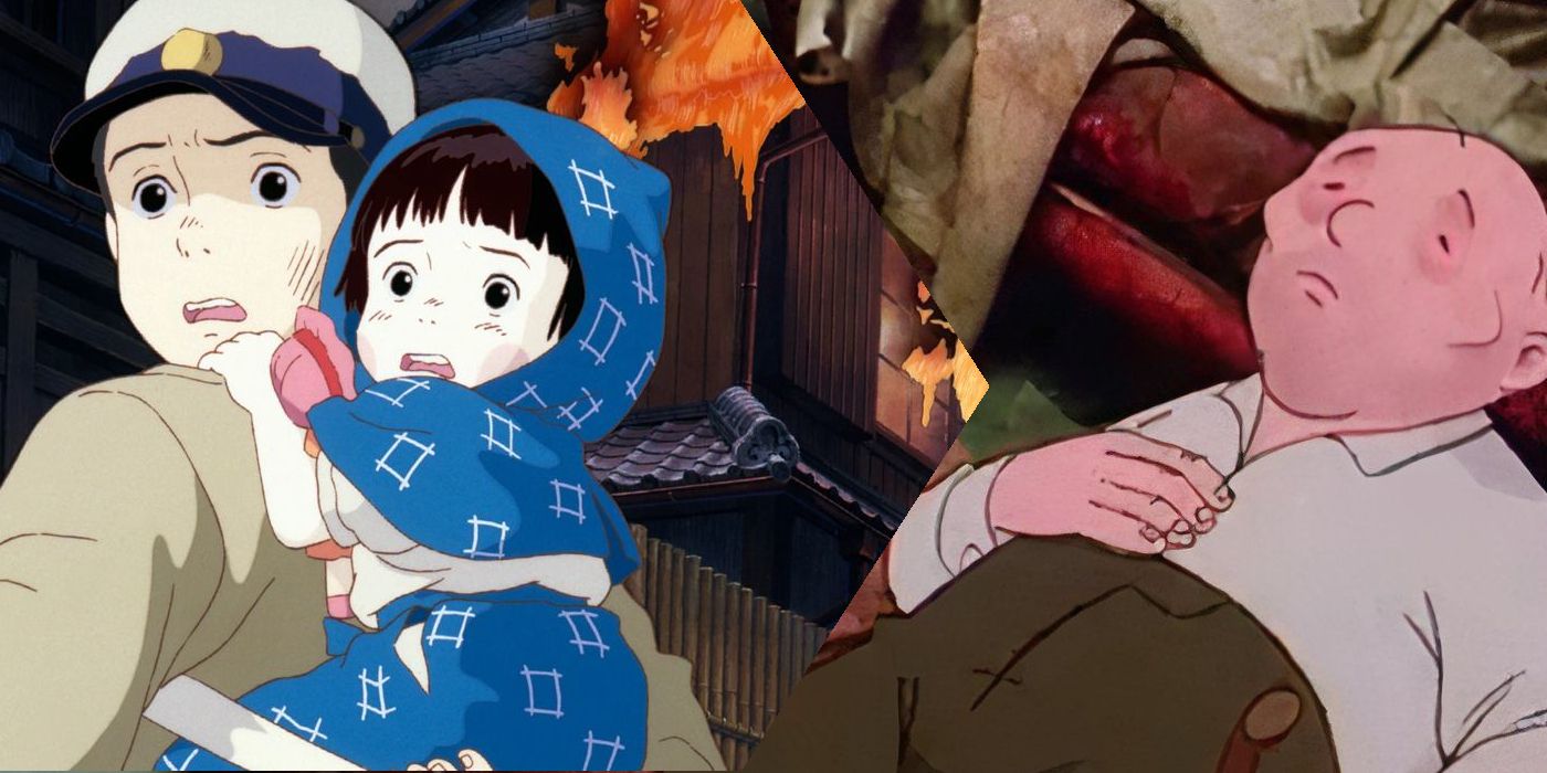 A split image features Seita and Setsuko from Grave of the Fireflies and Jim Boggs dying from When the Wind Blows
