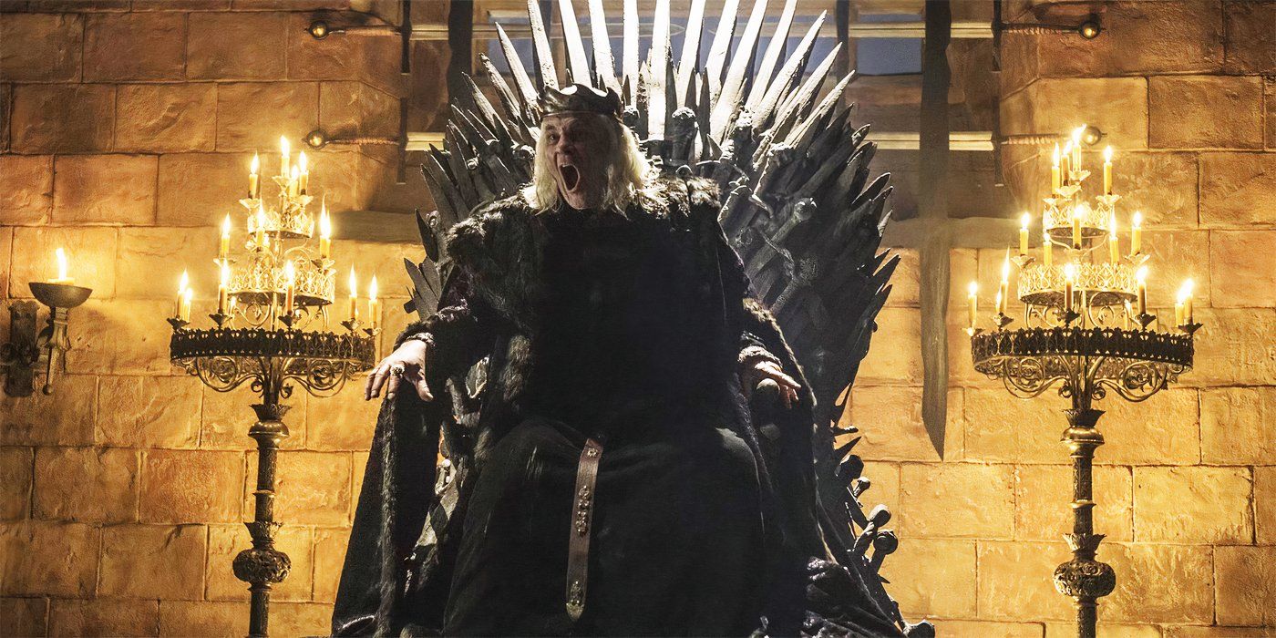 Aerys II Targaryen, The Mad King from Game of Thrones, sits on the throne