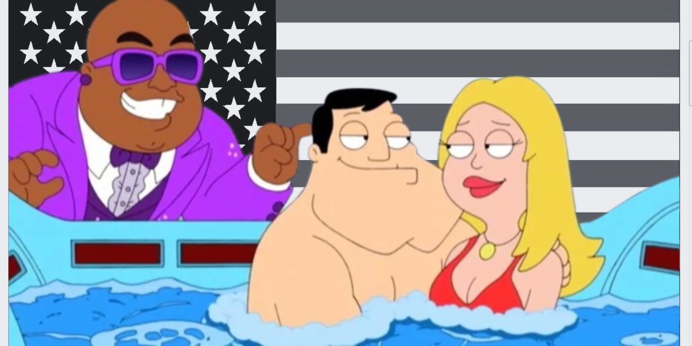Scene from American Dad's Hot Water episode against a black and white US flag.