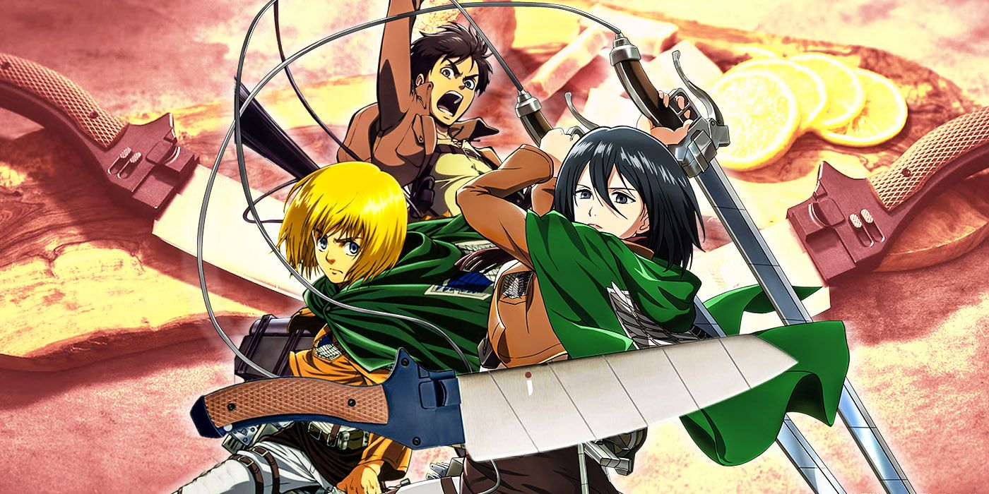 Attack on Titan's Armin, Eren and Mikasa with official anime kitchen knife