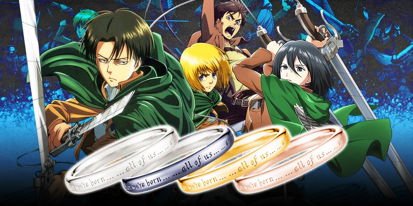 Attack on Titan's Levi, Armin, Eren, and Mikasa with official anime message rings