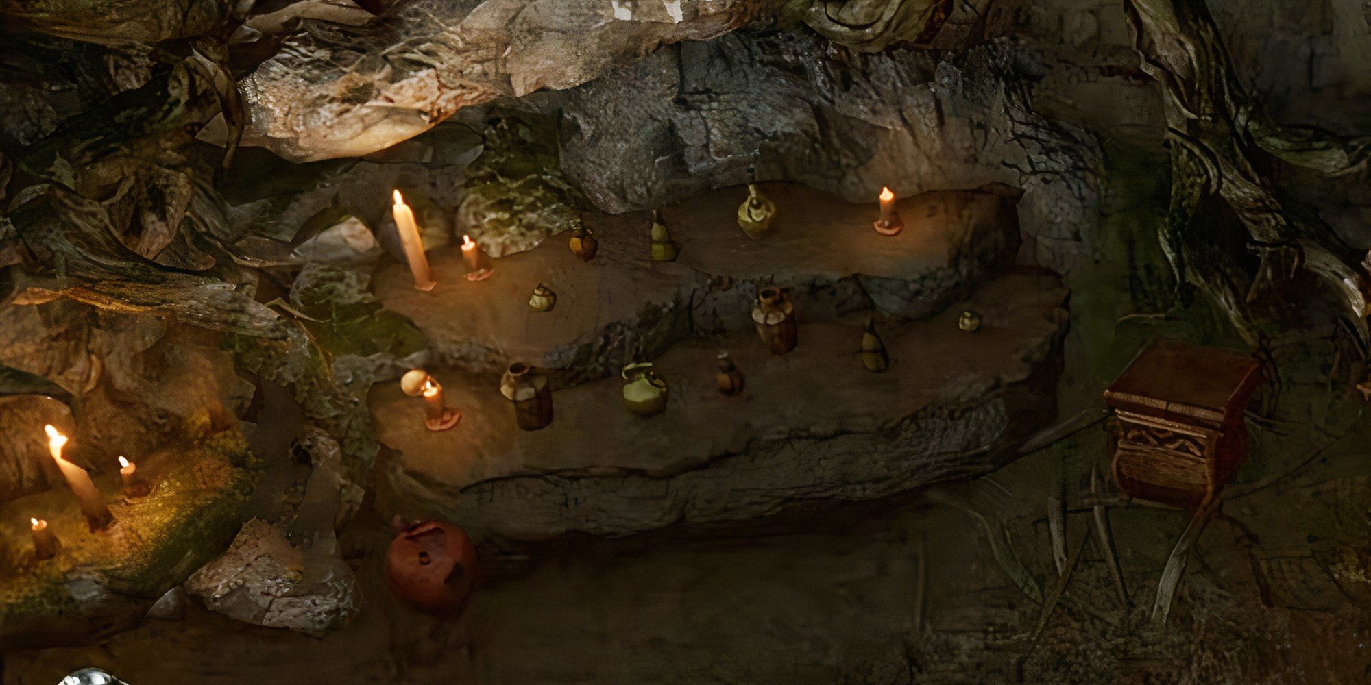 O estoque de poções da tia Ethel fica em saliências de pedra ao lado de velas em seu covil em Baldur's Gate 3.