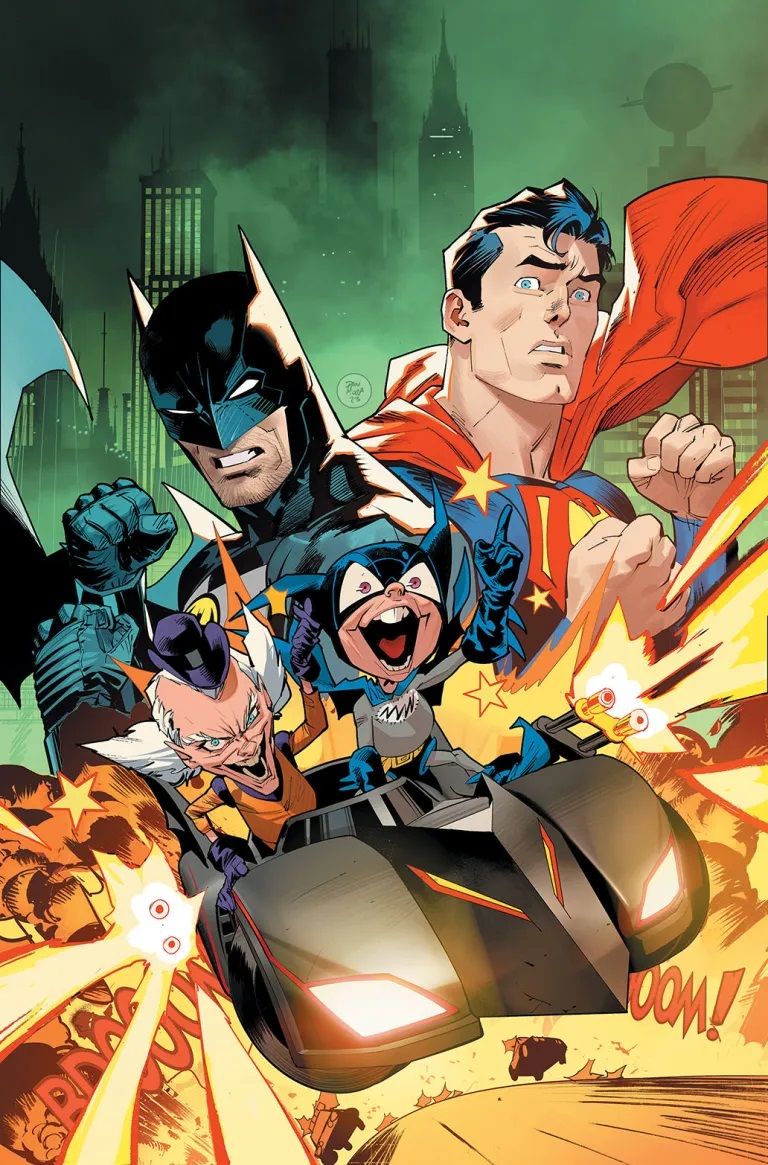 Batman-Superman World's Finest #26 Cover showing Mr. Mxyzptlk and Bat-Mite riding a mini-Batmobile