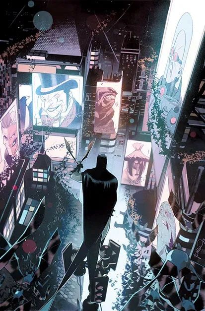 Batman The Brave and the Bold #12 Cover showing Batman standing on a communications tower looking at his villains through screens.