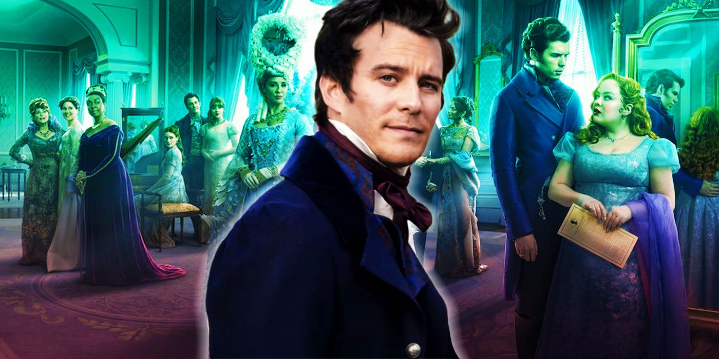 Luke Thompson as Benedict Bridgerton with the Bridgerton cast in the background