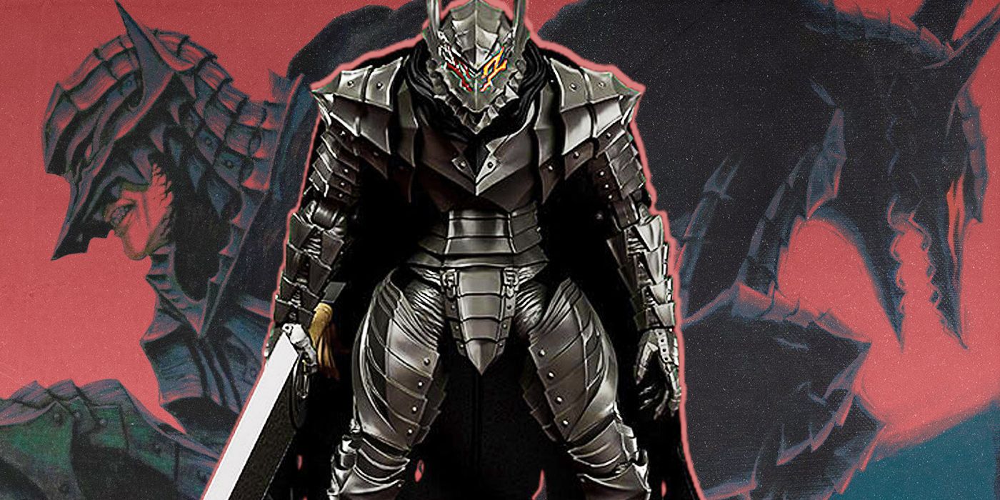 The PLAMATEA Berserk Berserker Armor Guts figure in front of manga images