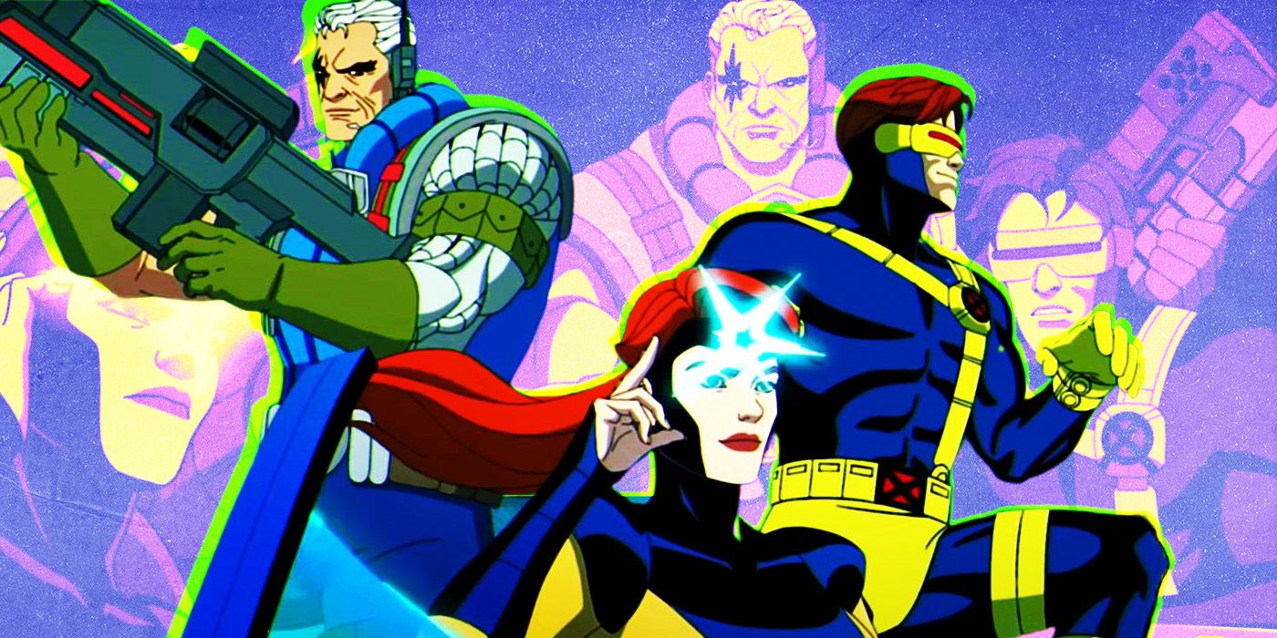 Cable, Jean Grey and Cyclops stand in a circle in front of X-Men '97 images of them