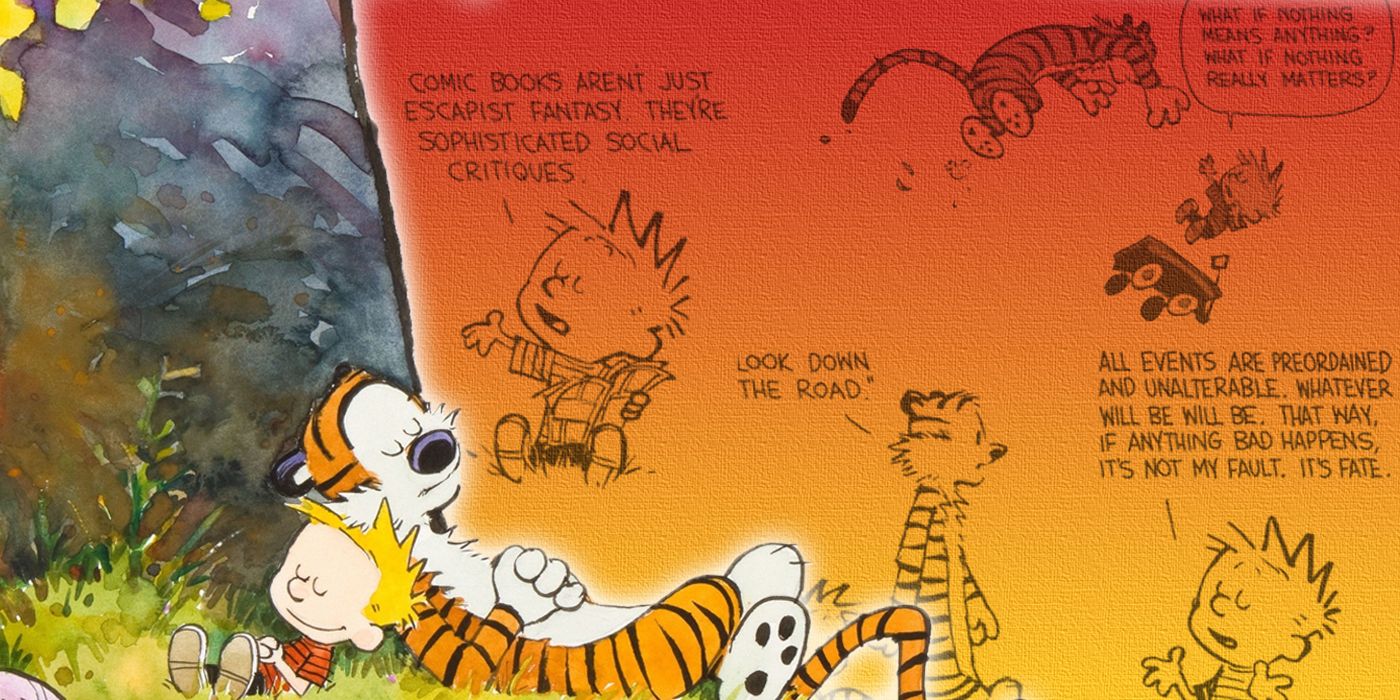 Calvin and Hobbes sleeping under a tree with comics in the background