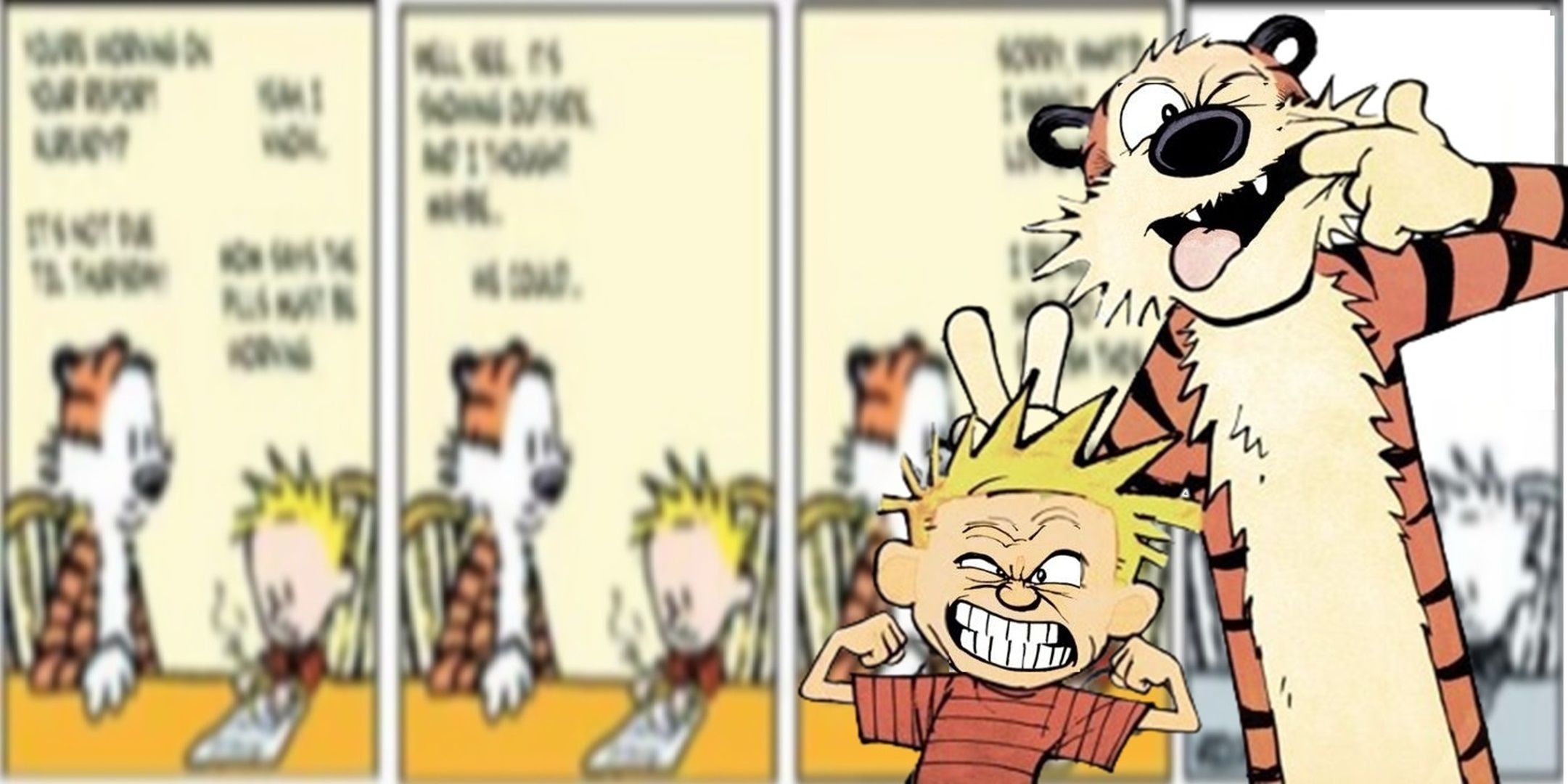 Calvin and Hobbes placed over a fake Calvin and Hobbes comic strip