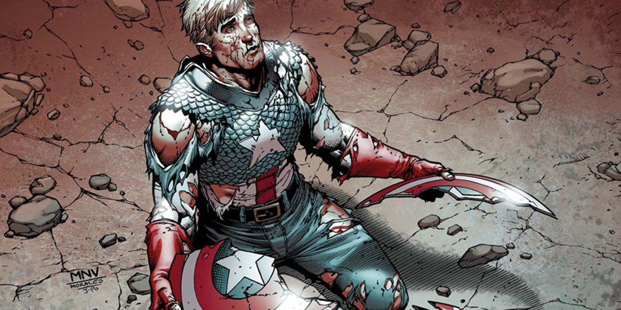 Captain America holding his broken shield