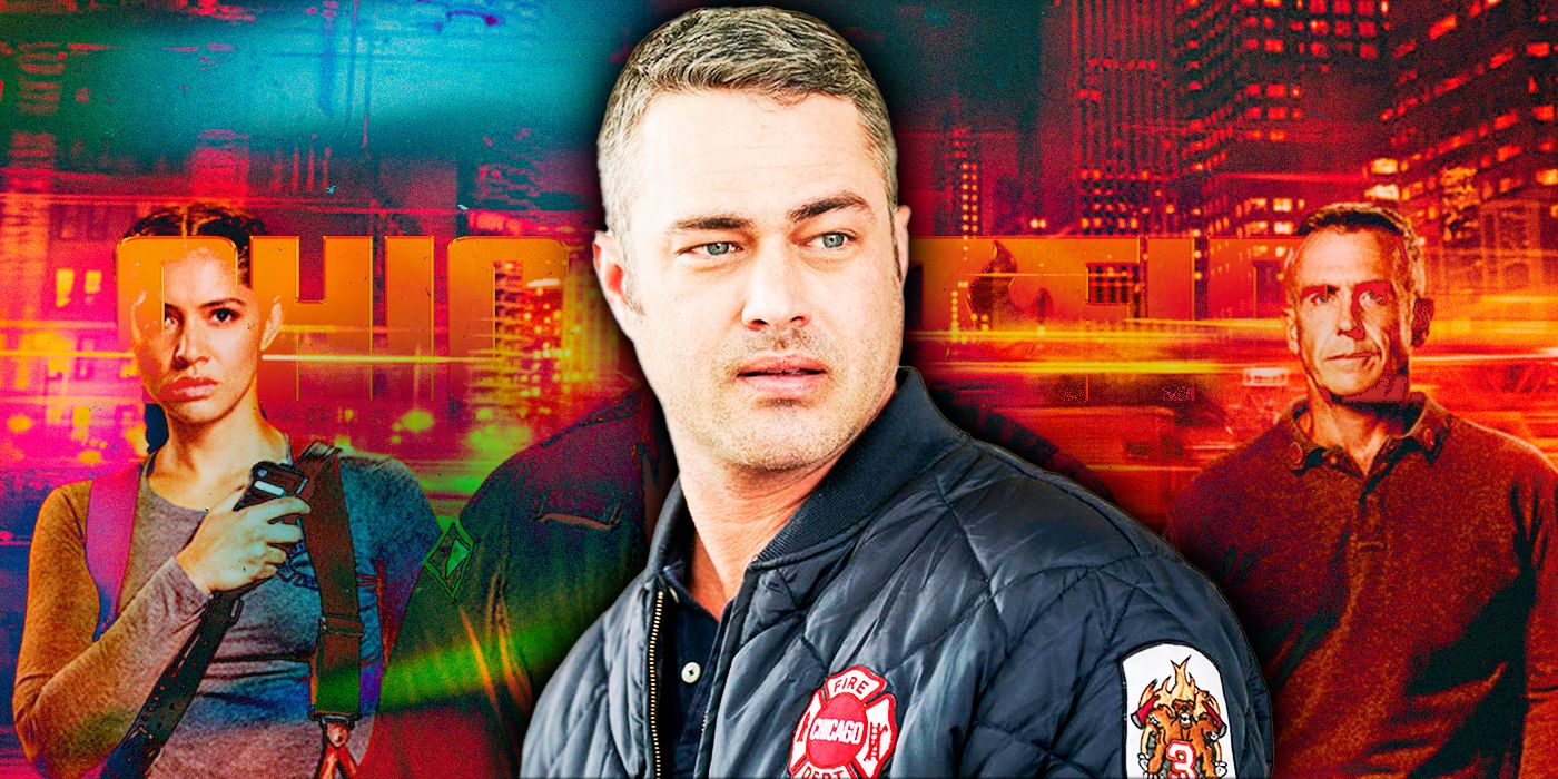 Kelly Severide (actor Taylor Kinney) in CFD jacket in front of Chicago Fire cast art