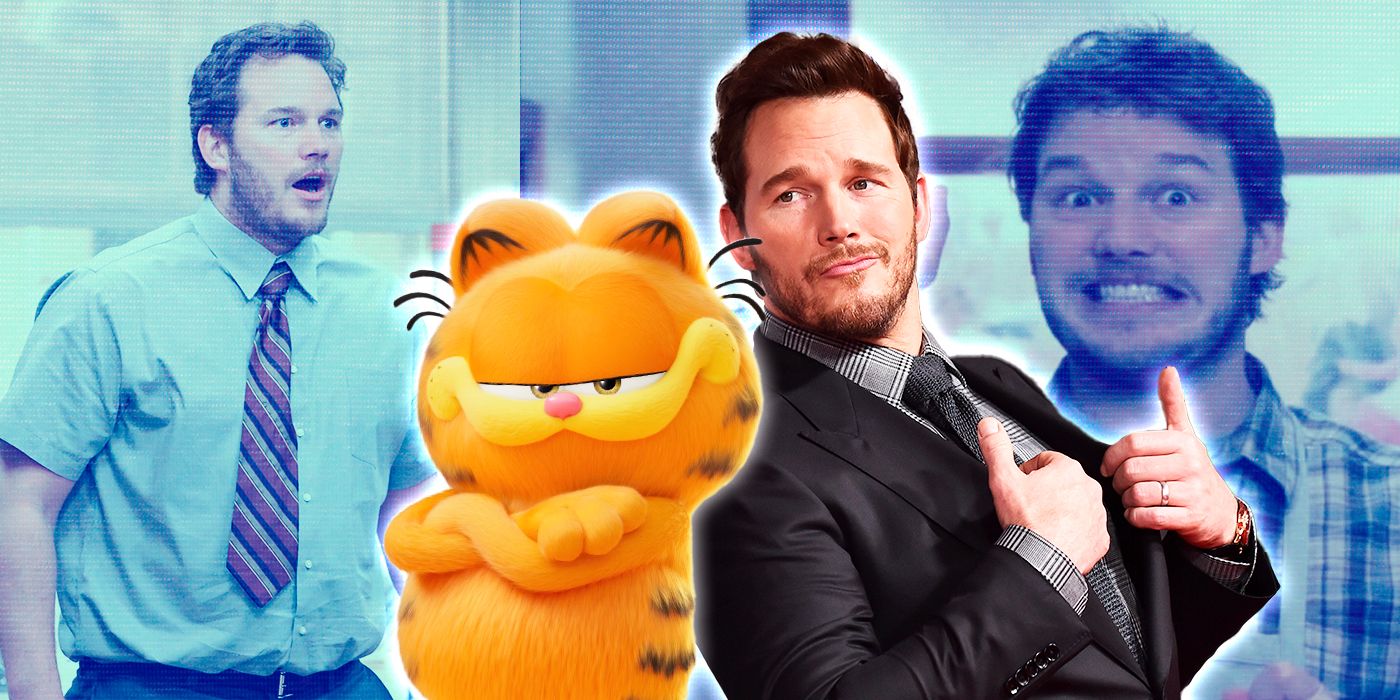 Chris Pratt and Garfield with some imagery of Chris Pratt on Parks and Recreation on the background