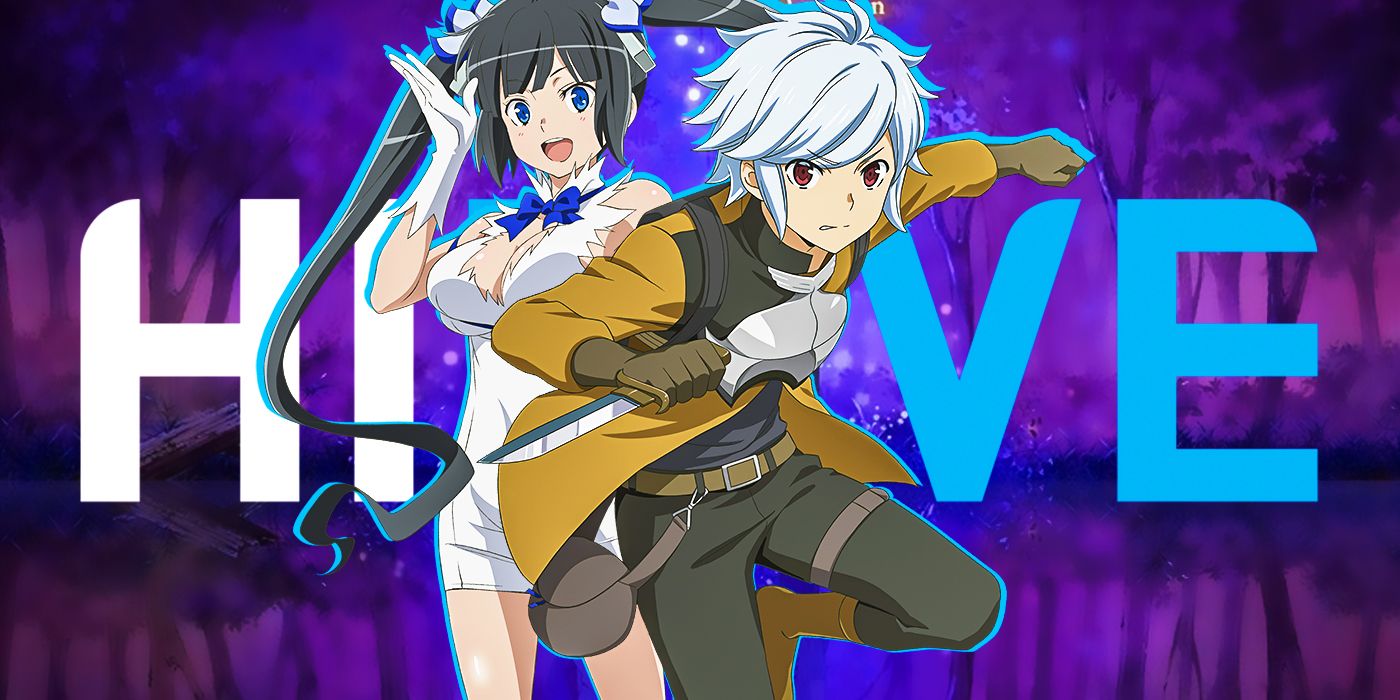 Hestia and Bell Cranel from DanMachi in front of the HIDIVE logo