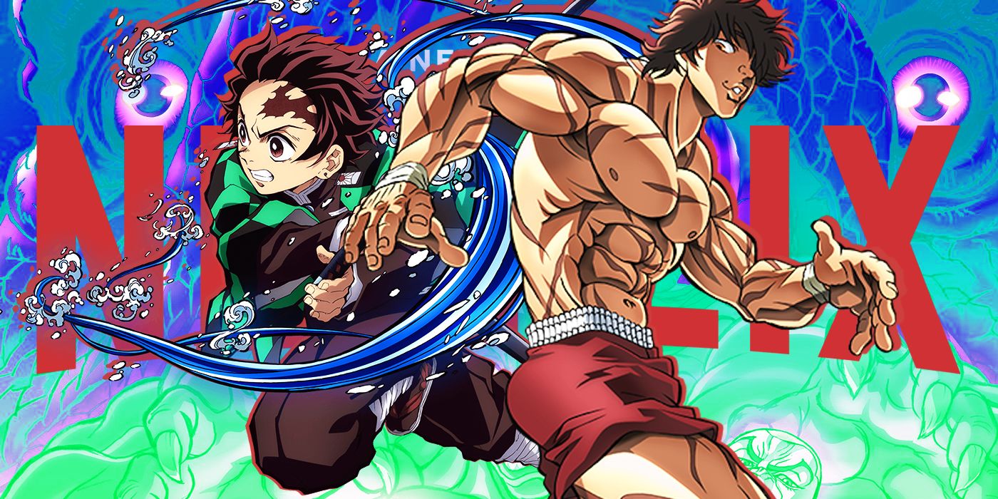 Demon Slayer and Baki in front of official Netflix lgo