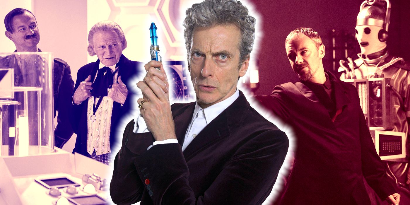 Peter Capaldi as the Twelfth Doctor on Doctor Who, in front of David Bradley as the First Doctor, John Simm as the Master and a Cyberman.