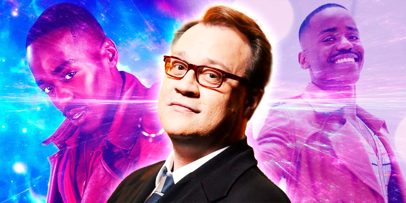 Doctor Who showrunner Russell T. Davies in front of Fourteenth Doctor images