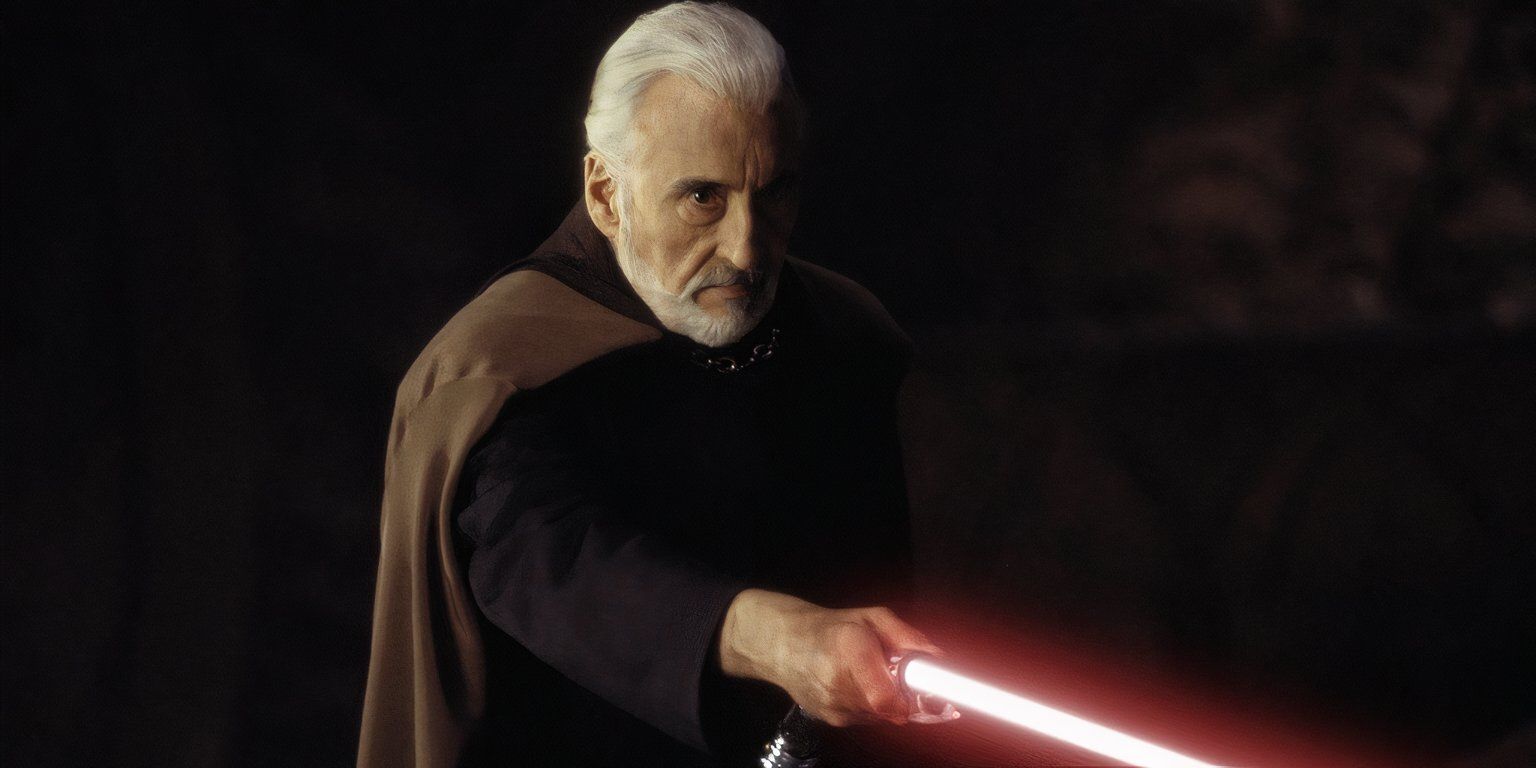 Count Dooku (Christopher Lee) holds a red lightsaber in Attack of the Clones