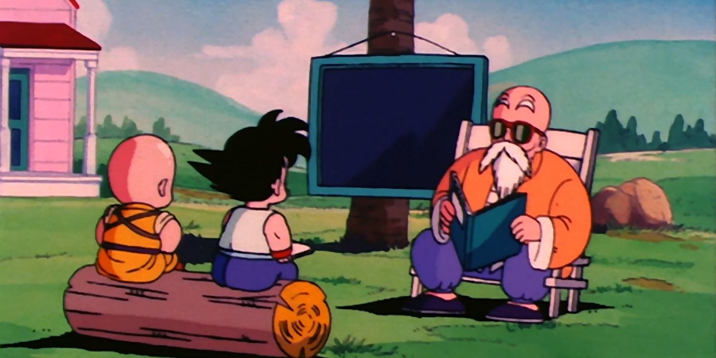 Mestre Roshi ensina Goku e Kuririn a ler e escrever em Dragon Ball.