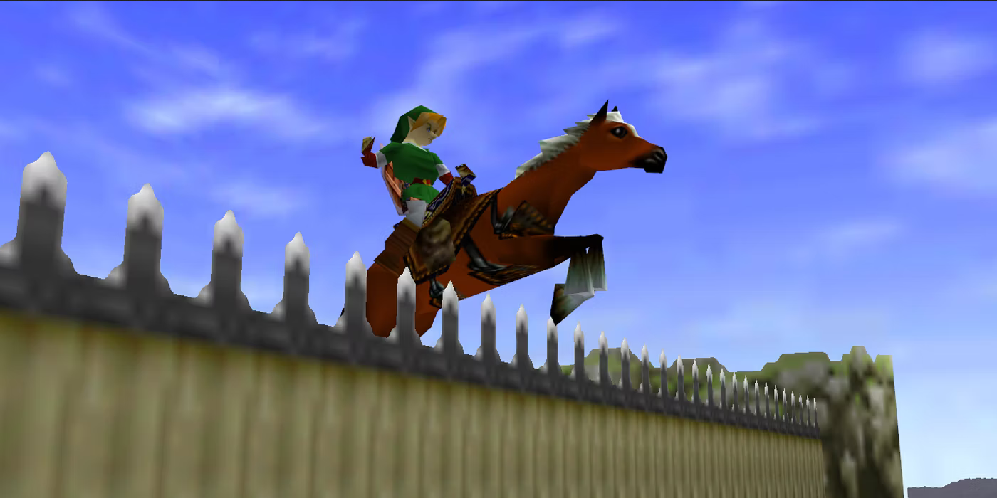 Epona jumps over the fence at Lon Lon Ranch with Link in The Legend of Zelda: Ocarina of Time.