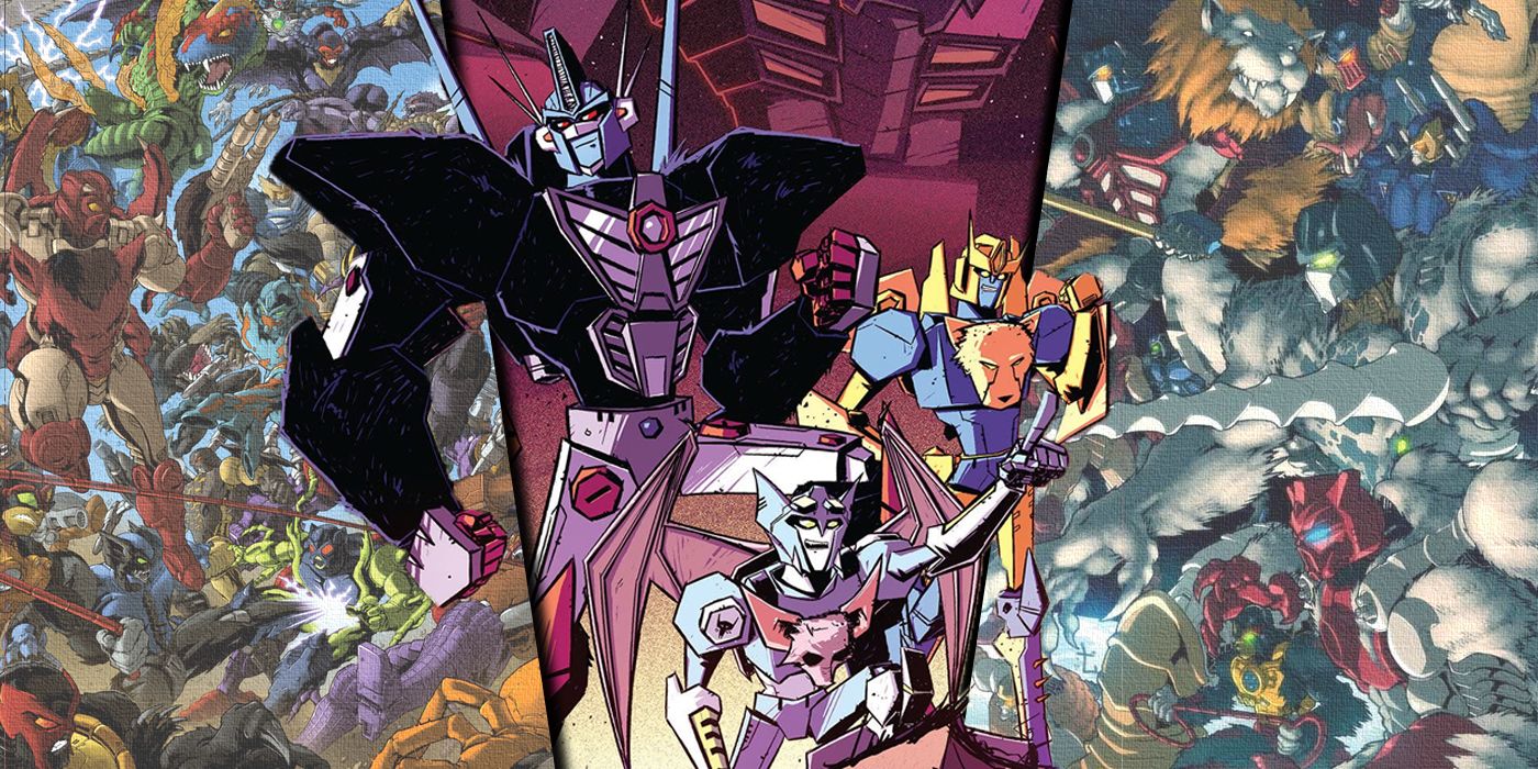 Split image of the different Transformers: Beast Wars runs from IDW