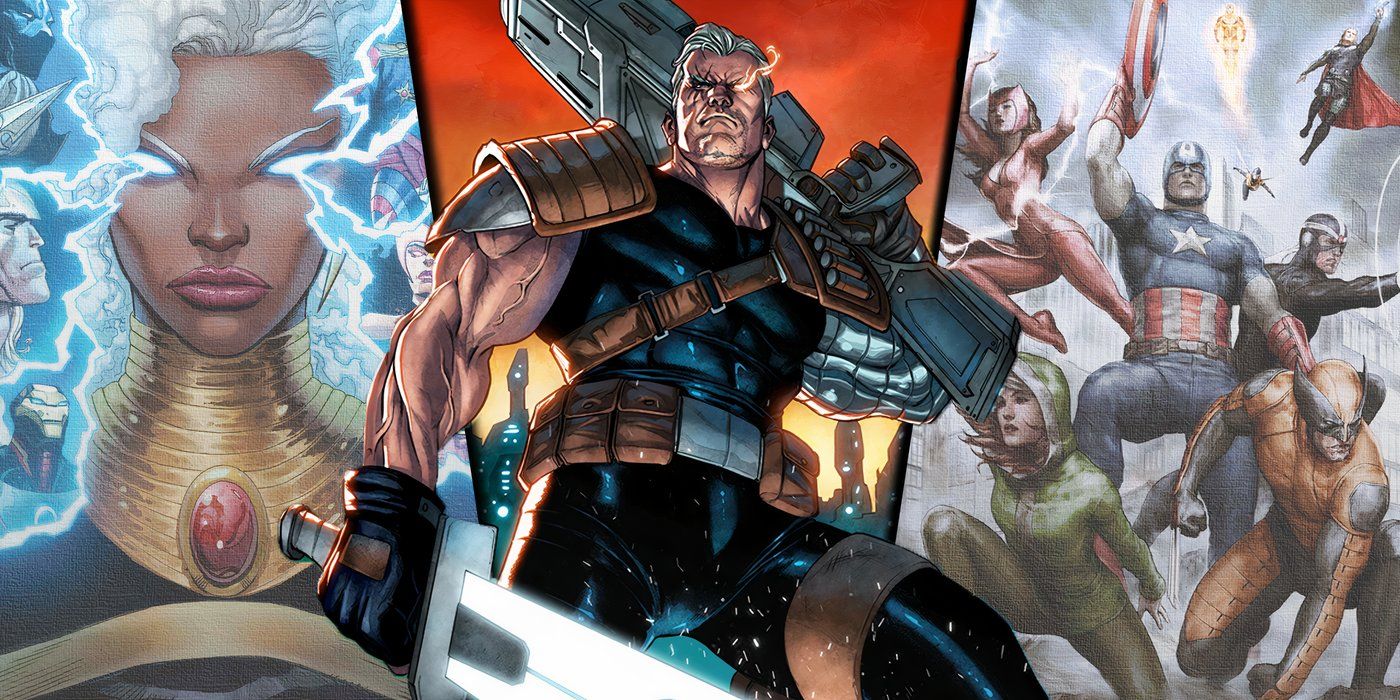 Split image of Cable with Storm, Rogue and the Avengers from Marvel Comics