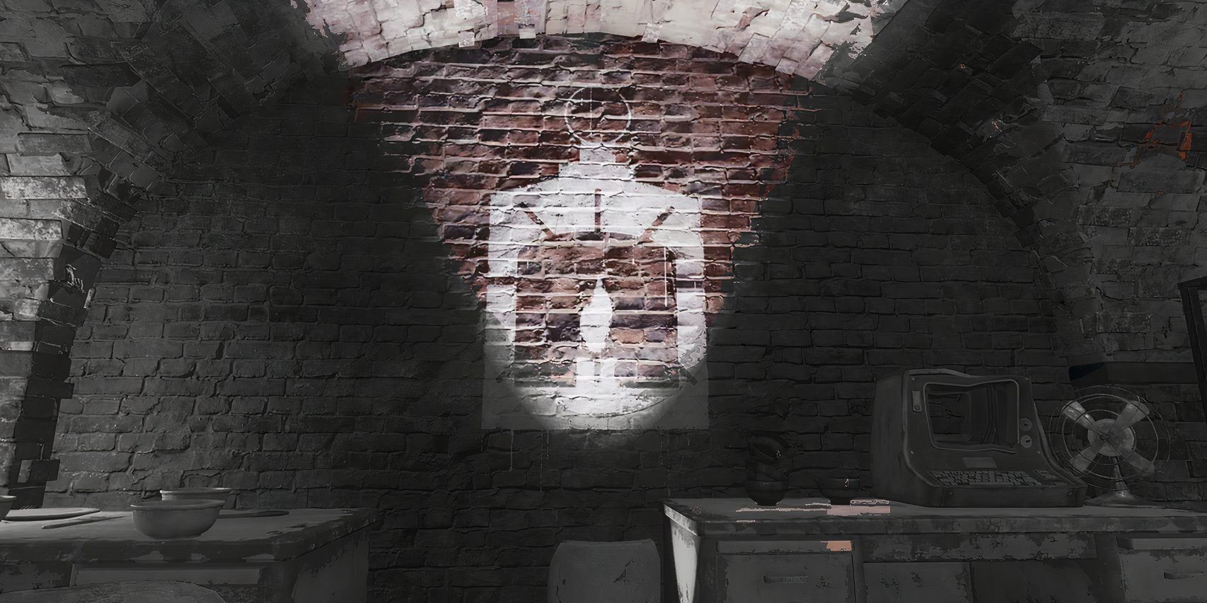 The Railroad logo illuminated on a brick wall in Fallout
