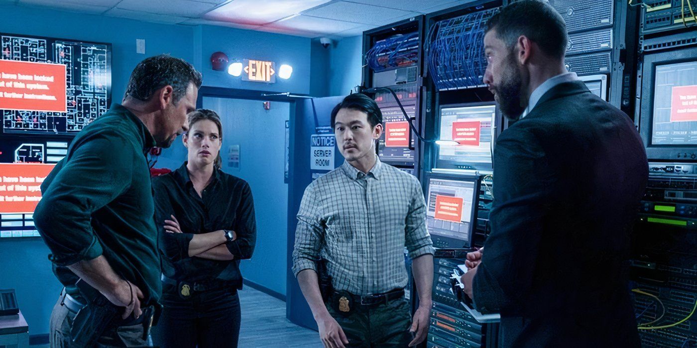 FBI Special Agents OA Zidan (Zeeko Zaki) and Maggie Bell (Missy Peregrym) with ASAC Jubal Valentine (Jeremy Sisto) and Analyst Ethan Lim (James Chen) in a computer room in FBI episode "Hacktivist"