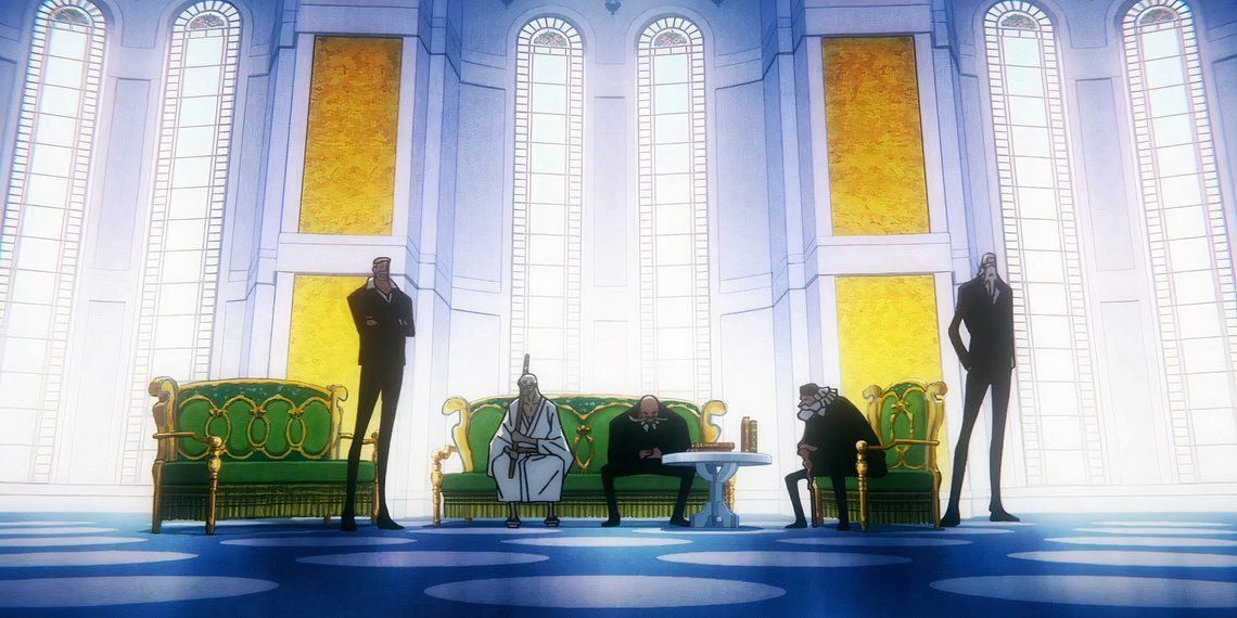 The Five Elders sitting in their room in One Piece