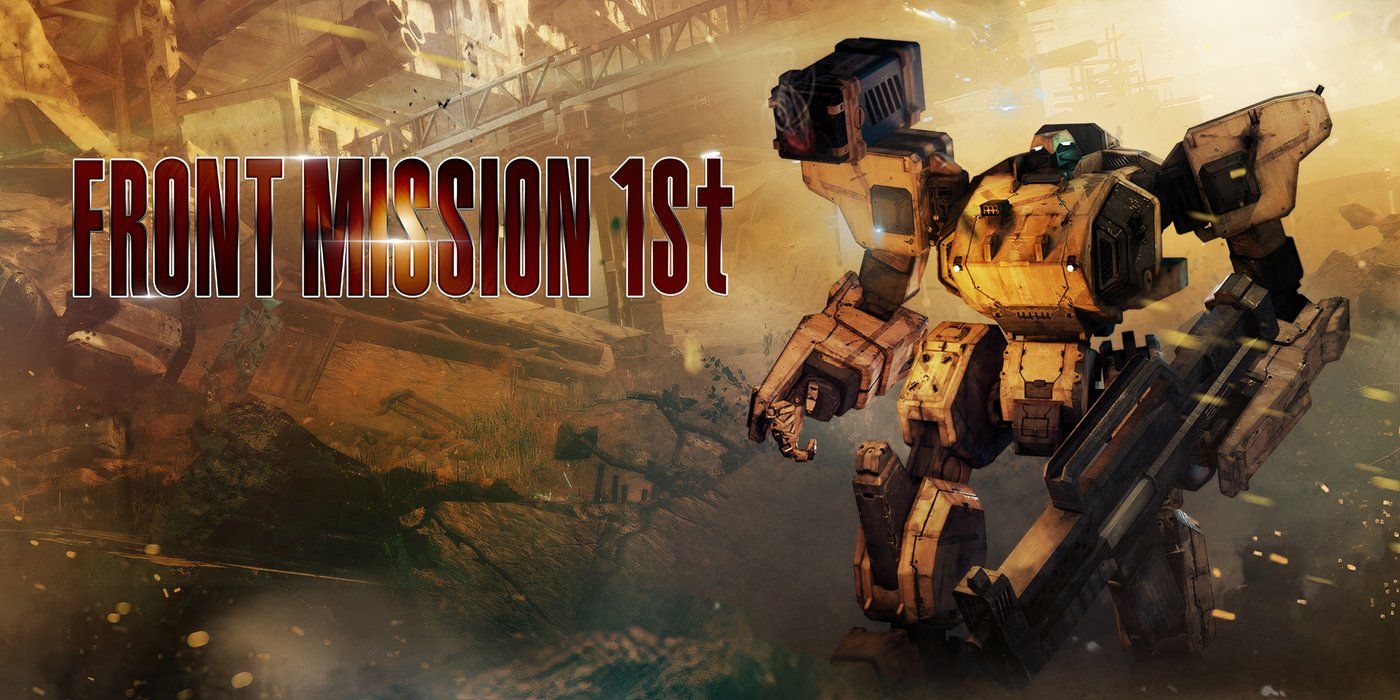 A imagem promocional da Front Mission 1st mostra um mech parado no meio de uma cidade destruída