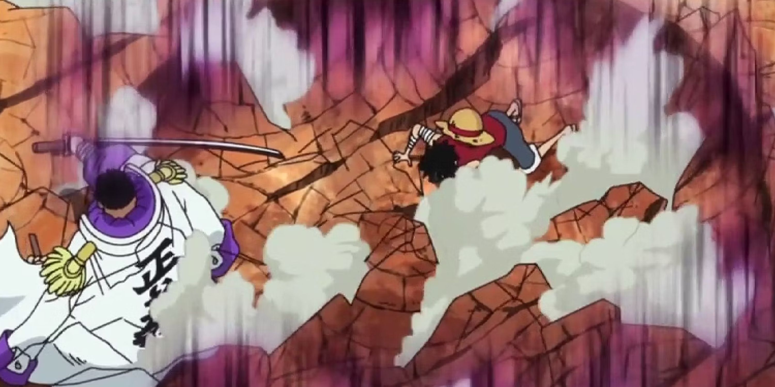 Admiral Fujitora uses the Press-Press Fruit to pin Luffy to the ground in One Piece.