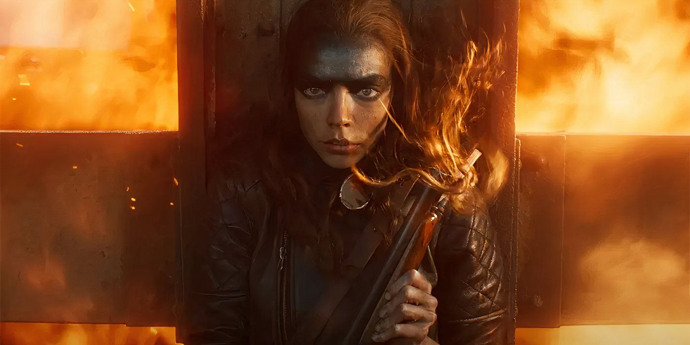 Anna Taylor-Joy's Furiosa shields herself from fire at the Bullet Farm