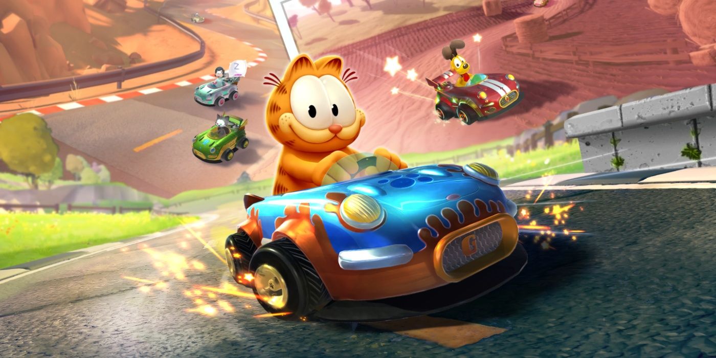 A arte principal de Garfield Kart: Furious Racing mostra Garfield dirigindo em uma pista de corrida.