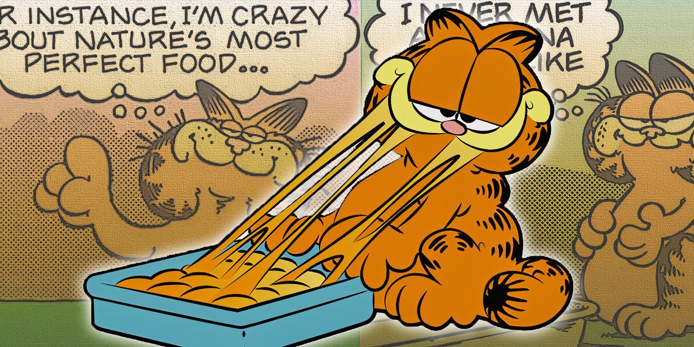 Garfield eating lasagna with comic strips in the background
