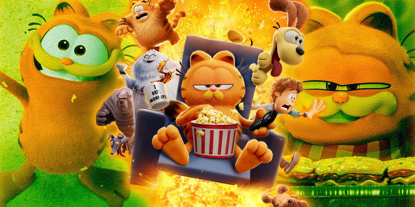 Garfield sits in front of an explosion in The Garfield Movie