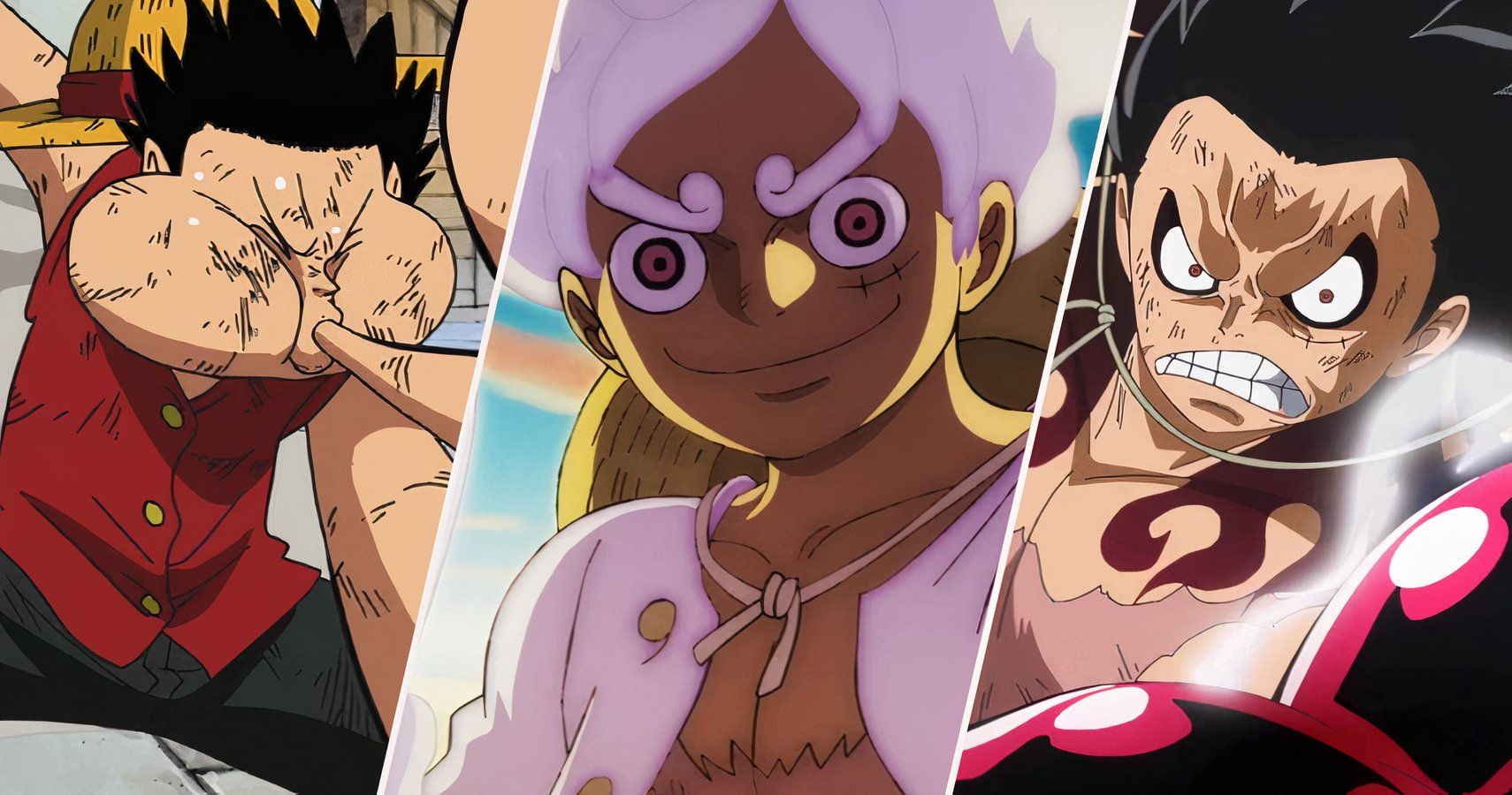 Gear 3 Luffy, Gear 5 Luffy, and Gear 4 Luffy from the One Piece anime