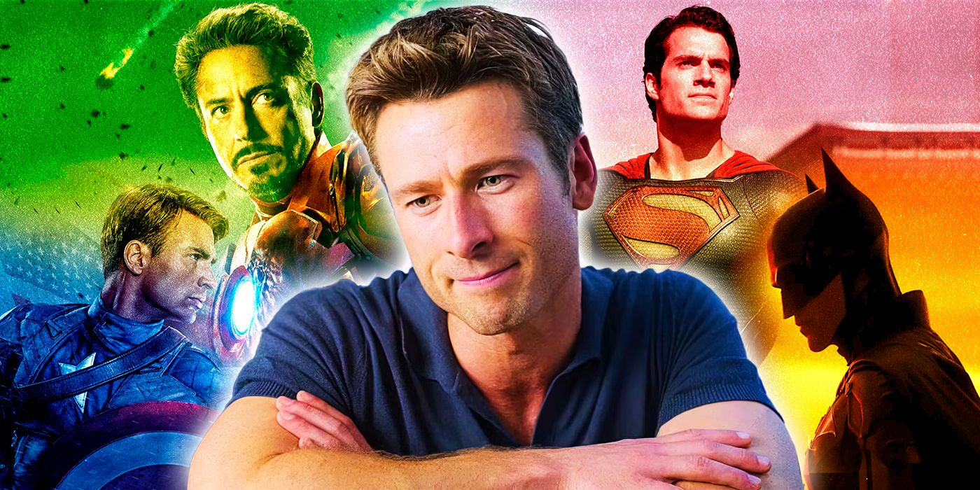Glen Powell on front and Batman, Captain America, Iron Man and Superman on the background