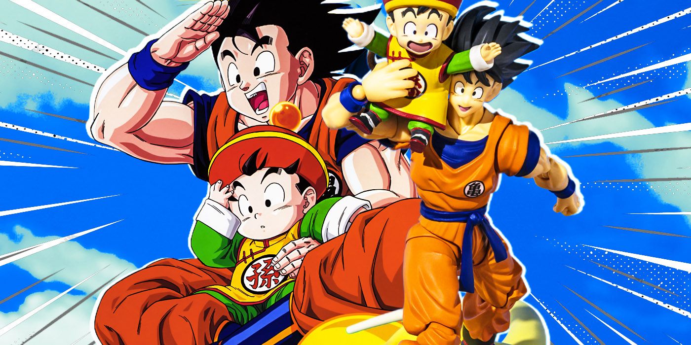 Dragon Ball's Gohan and Goku ride on the nimbus alongside their figure versions.