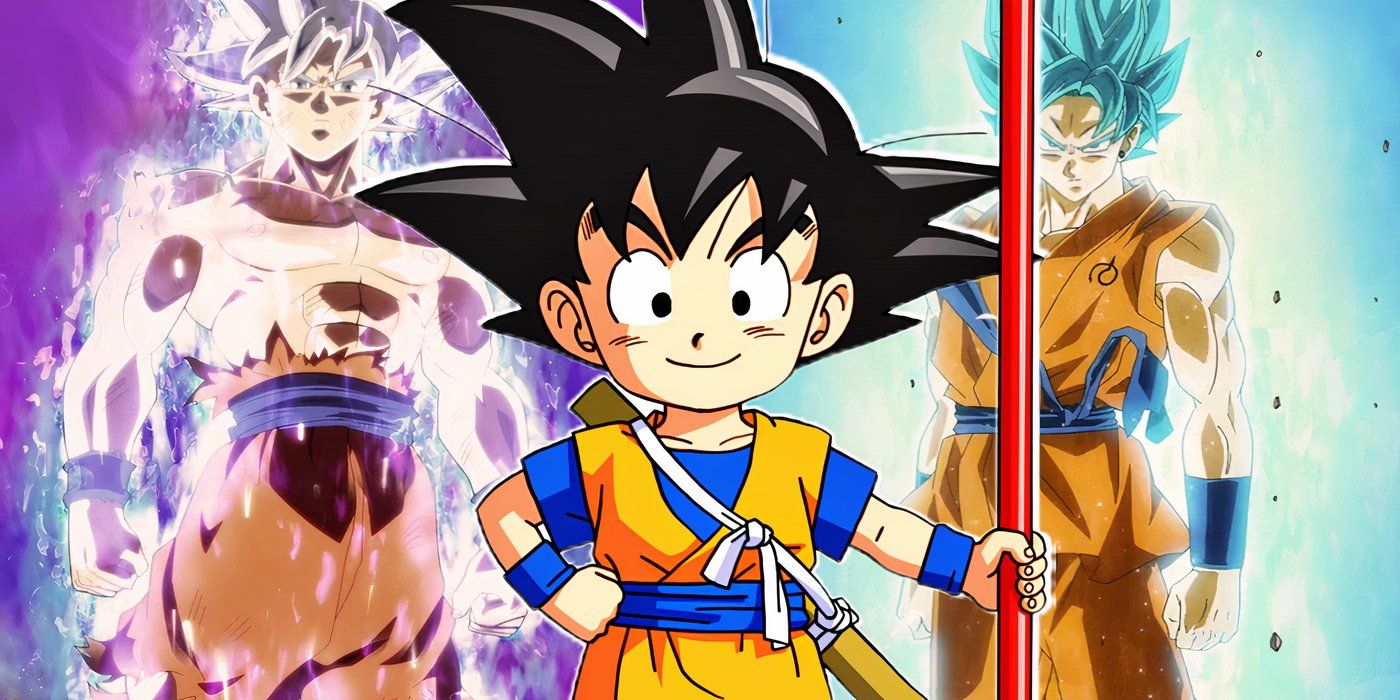 Kid Goku from Dragon Ball Daima stands with a power pole; Ultra Instinct Goku and Super Saiyan Blue Goku to the sides.