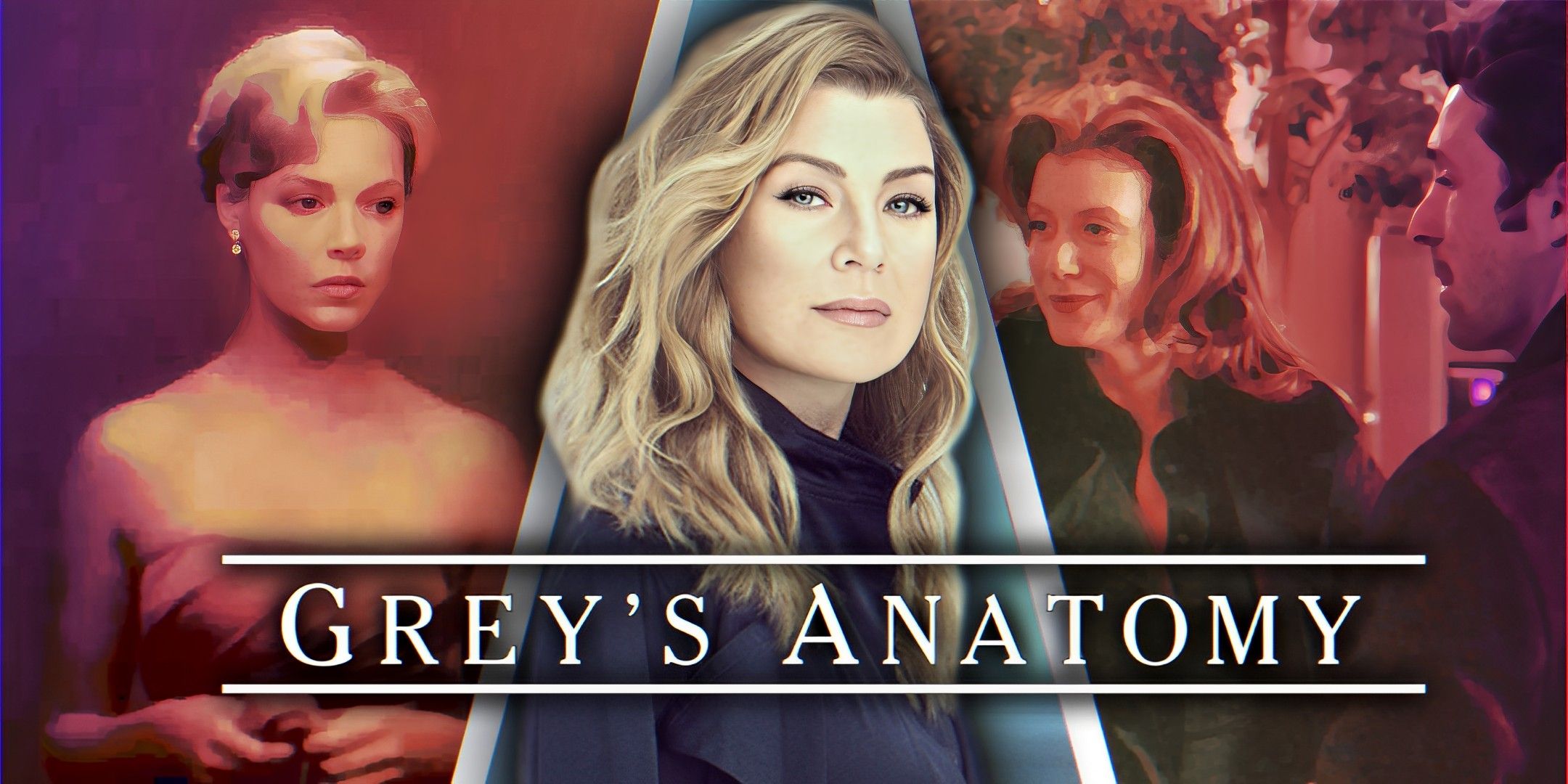 Meredith Grey and the Grey’s Anatomy end logo with stills of Izzie Stevens and Addison Montgomery.