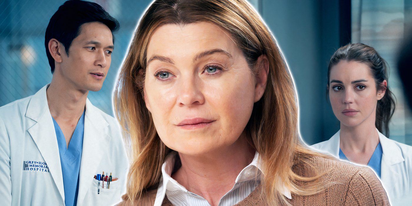 Meredith Grey (actor Ellen Pompeo) in front of Grey's Anatomy's Blue and Jules