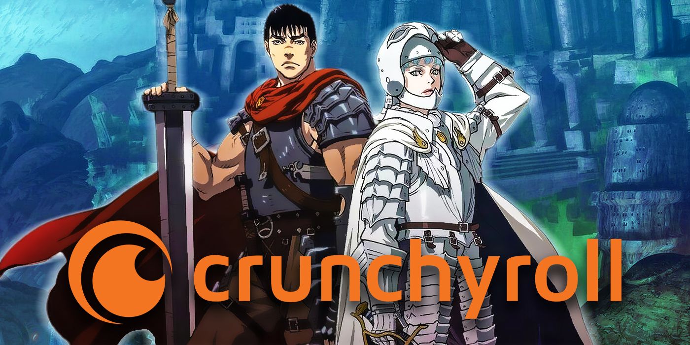 Guts and Griffith from the Berserk: Golden Age Arc behind Crunchyroll logo