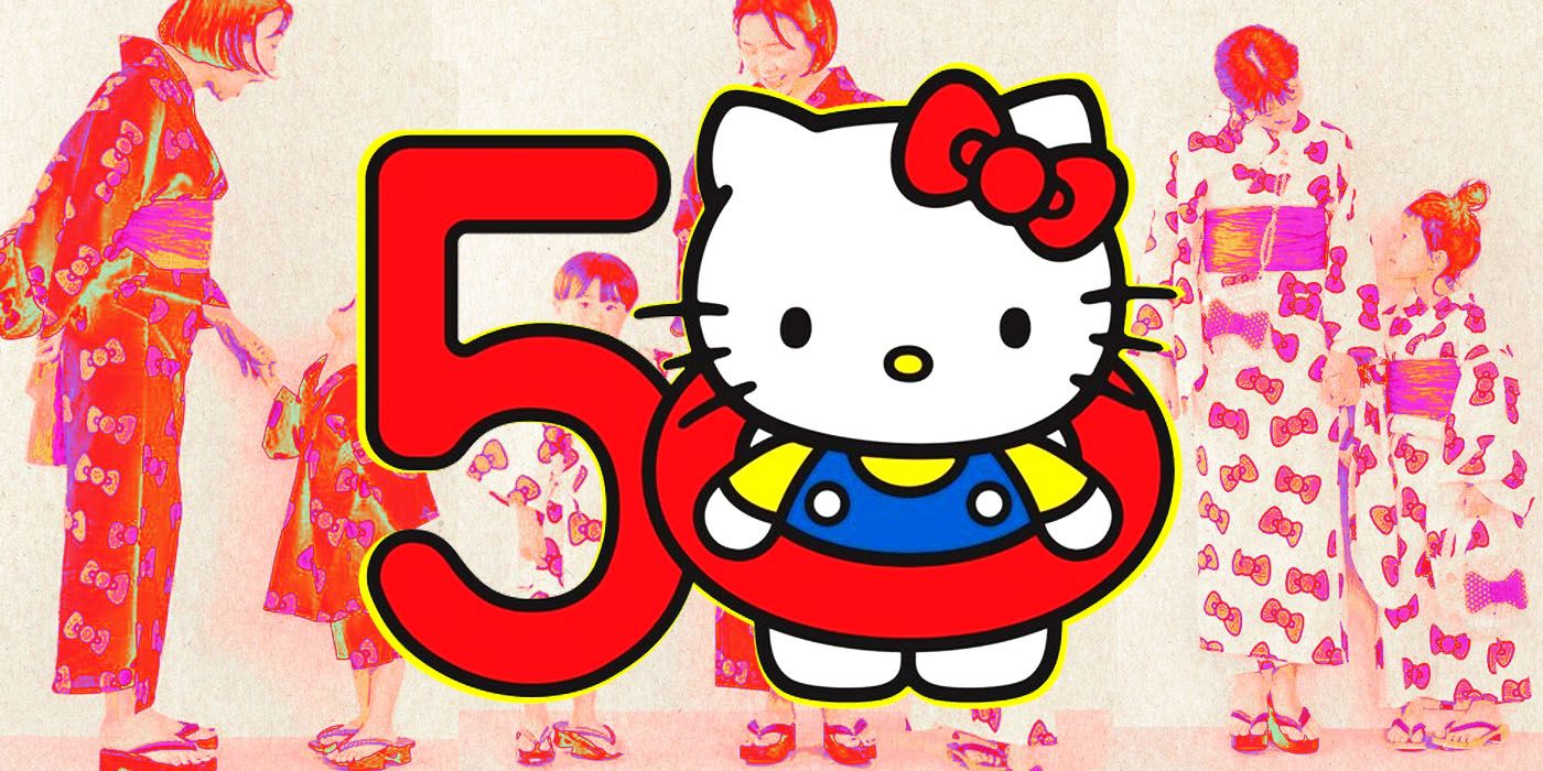 Hello Kitty's 50th anniversary logo in front of the new summer kimono collaboration