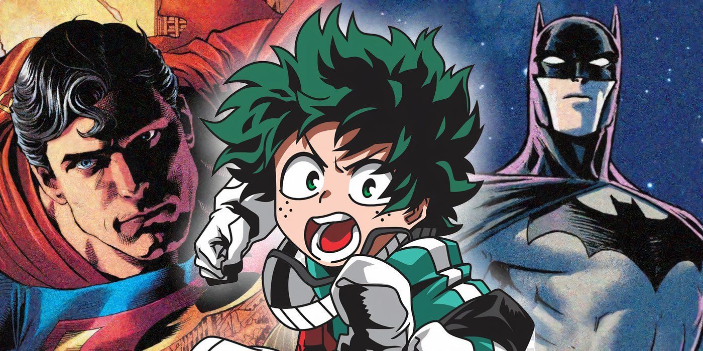 Deku from My Hero Academia with Superman and Batman in the background