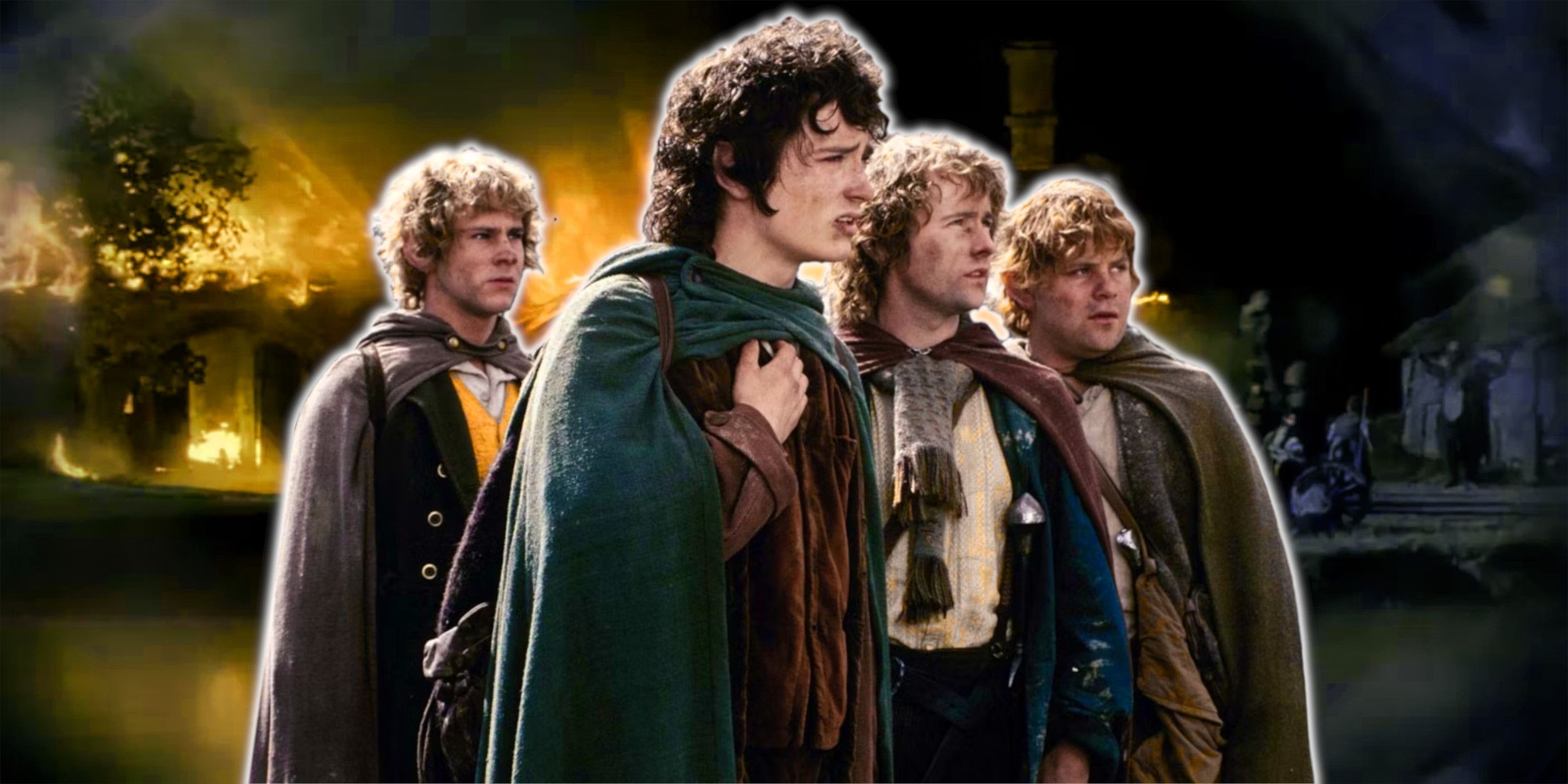 The four hobbits from The Lord of the Rings in front of Frodo's vision of the Shire burning