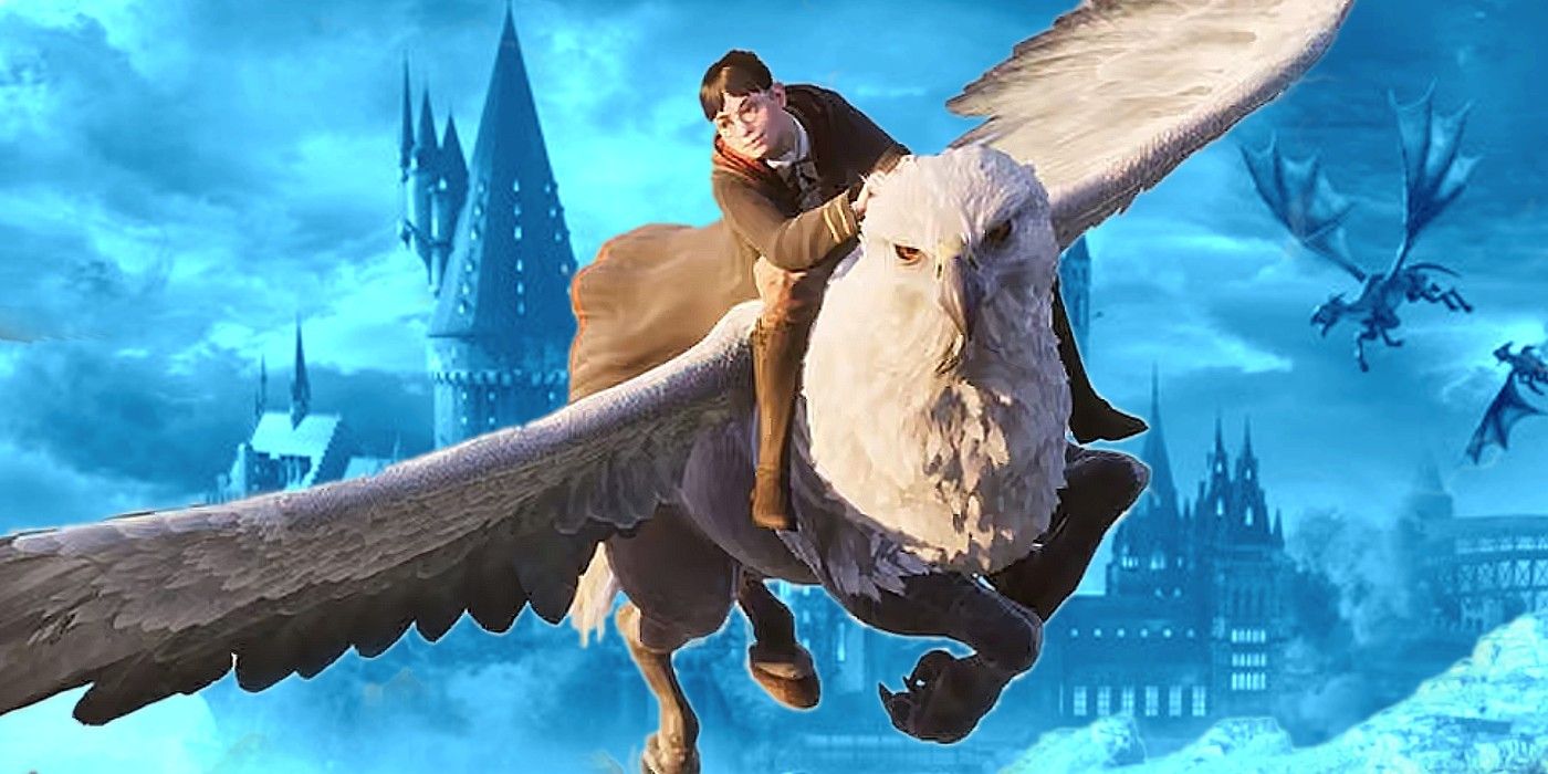 A student takes flight on a Hippogriff in Hogwarts: Legacy.