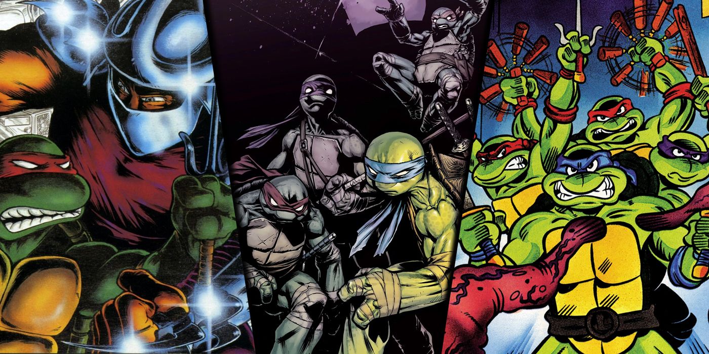 Split image of Mirage, IDW and Archie Comics versions of TMNT